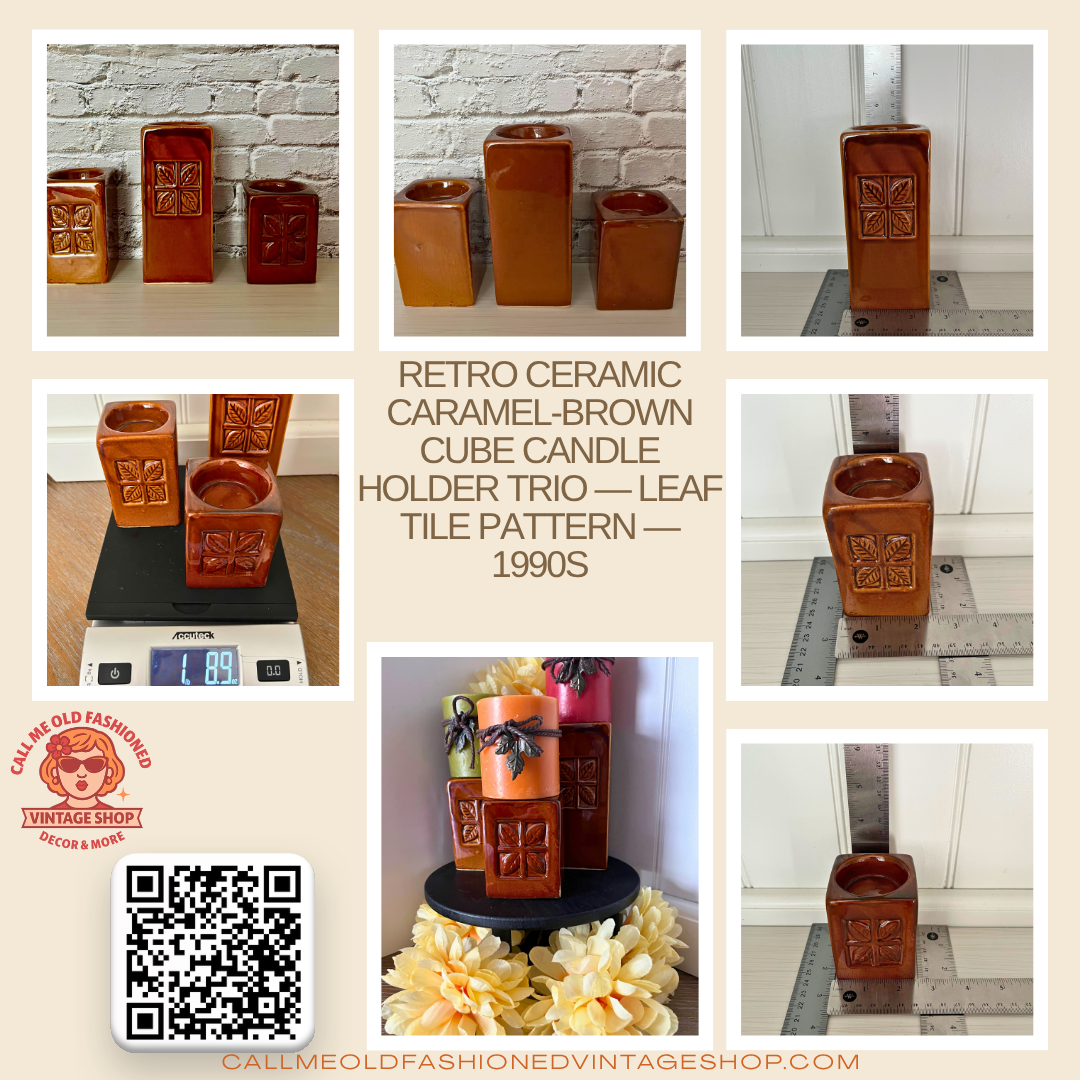 Retro Ceramic Caramel-Brown Cube Candle Holder Trio — Leaf Tile Pattern — 1990s–2000s