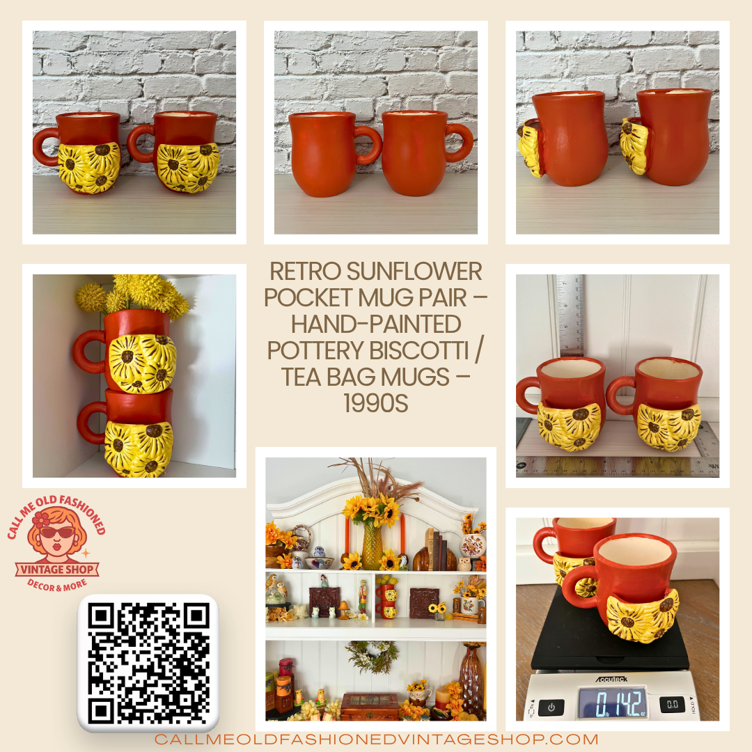 Retro Sunflower Pocket Mug Pair – Hand Crafted Pottery Biscotti / Tea Bag Mugs – 1990s