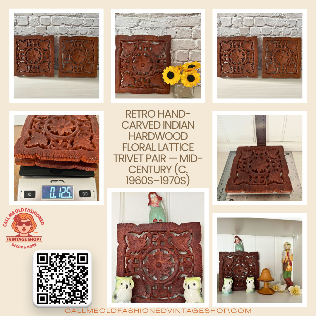 Retro Hand-Carved Indian Hardwood Floral Lattice Trivet Pair — Mid-Century (c. 1960s–1970s)