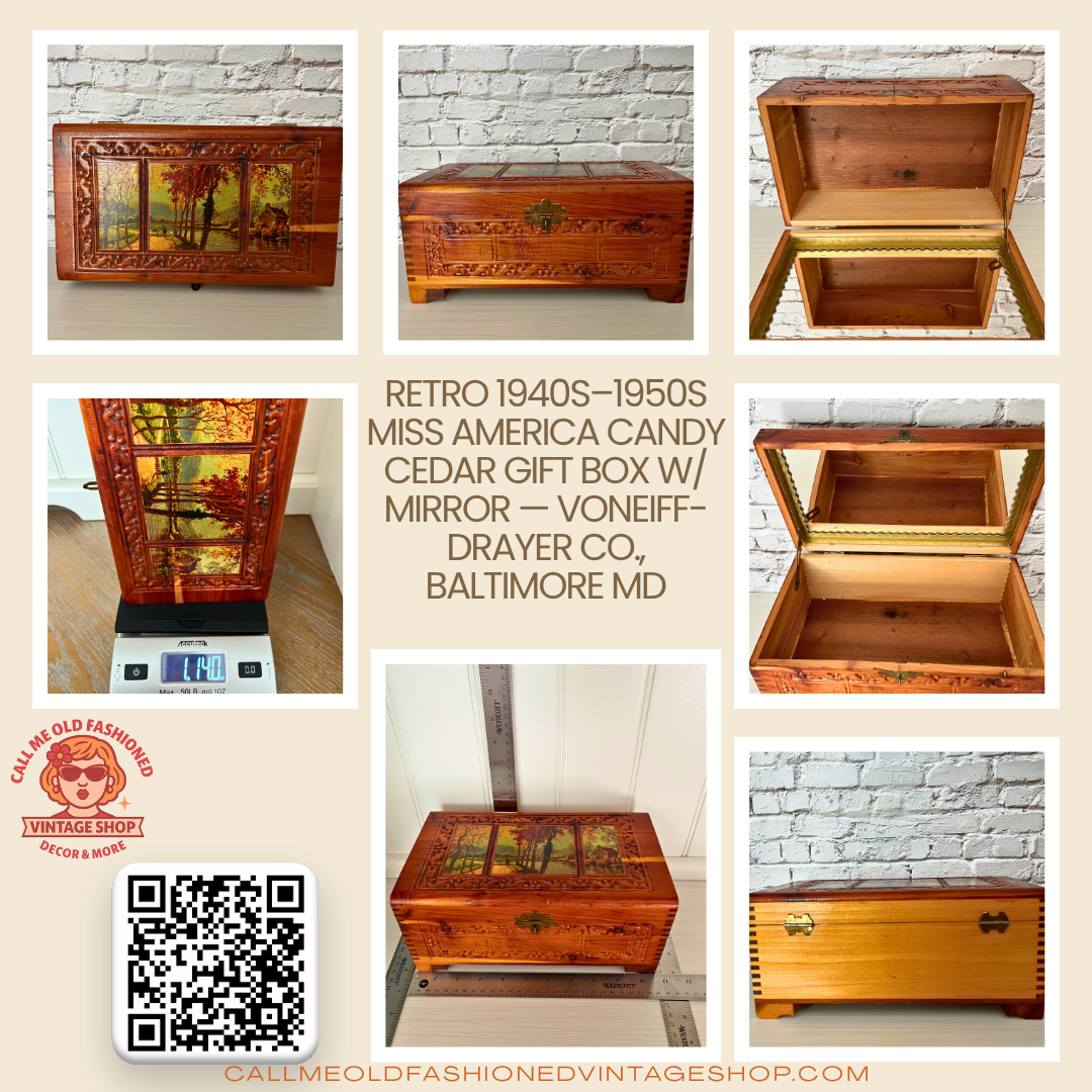 Retro 1940s–1950s Miss America Candy Cedar Gift Box w/ Mirror — Voneiff-Drayer Co., Baltimore MD