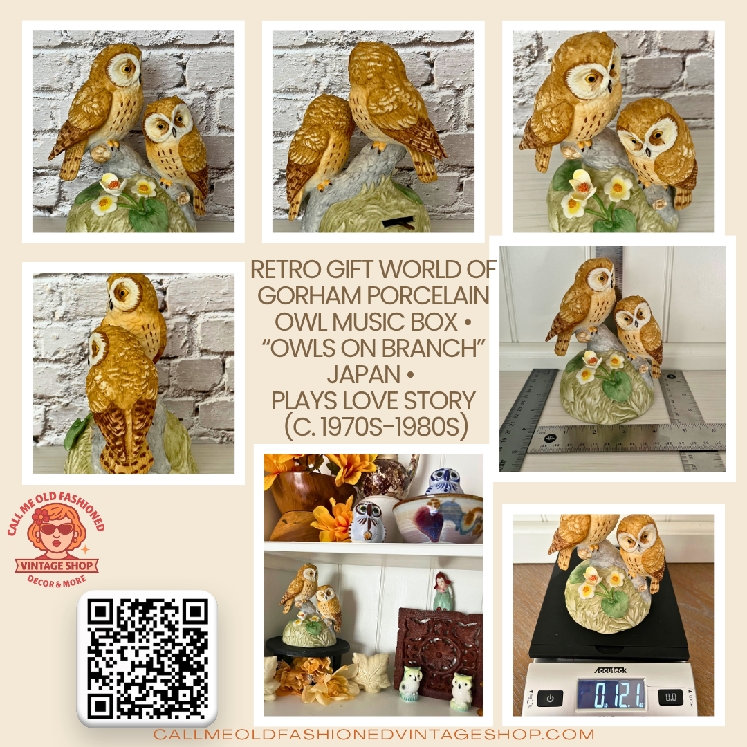 Retro Gift World of Gorham Porcelain Owl Music Box • “Owls on Branch” Japan • Plays Love Story (c. 1970s-1980s)