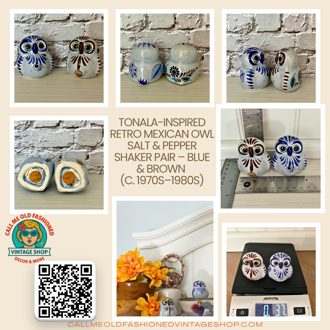 Tonala Style -Retro Mexican Pottery Owl Salt & Pepper Shaker Pair – Blue & Brown (c. 1970s–1980s) Numbered 427