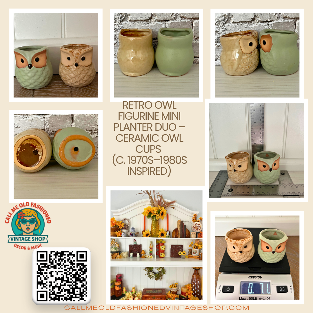 Retro Owl Figurine Mini Planter Duo – Ceramic Owl Cups (c. 1970s–1980s Inspired)