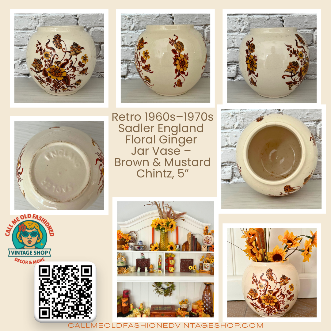 Vintage 1960s–1970s Sadler England Floral Ironstone Ginger Jar Vase (No Lid)  – Brown & Mustard Chintz, 5”