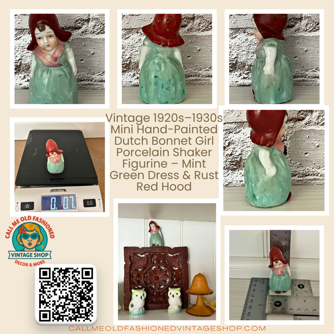 Vintage 1920s–1930s Mini Hand-Painted Dutch Bonnet Girl Porcelain Shaker Figurine – Mint Green Dress & Rust Red Hood