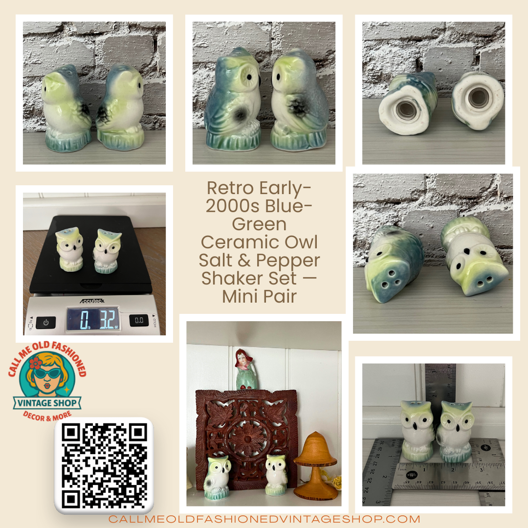 Retro Early-2000s Blue-Green Ceramic Owl Salt & Pepper Shaker Set — Mini Pair