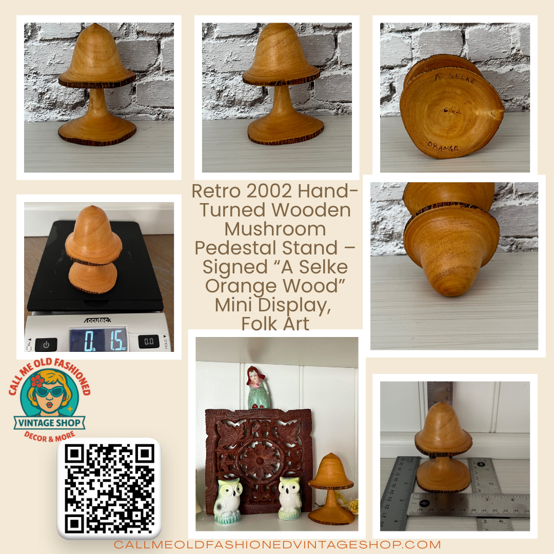 Retro 2002 Hand-Turned Wooden Mushroom Pedestal Stand – Signed “A Selke / Orange Wood” (Mini Display, Folk Art)