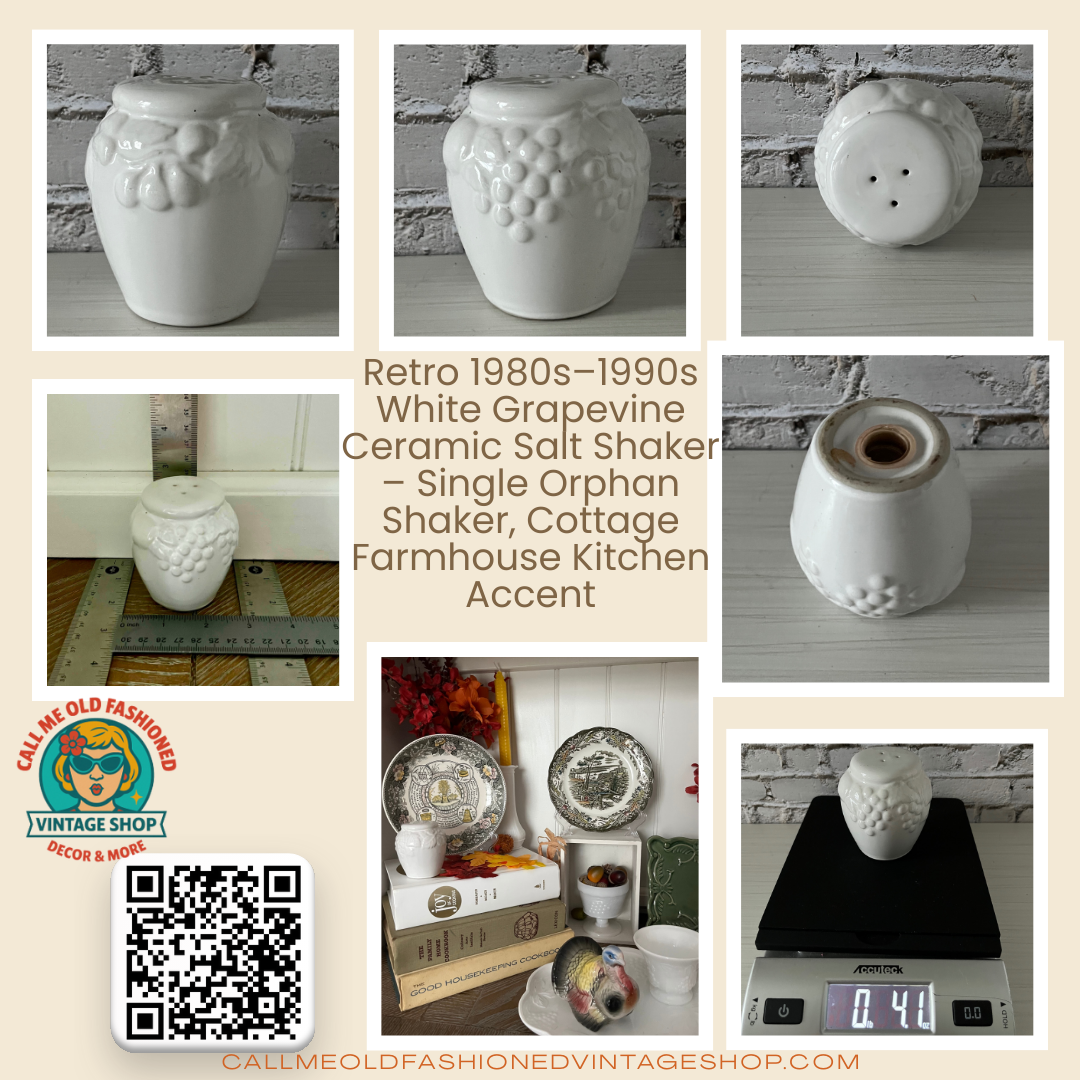 Retro 1980s–1990s White Grapevine Ceramic Salt Shaker – Single Orphan Shaker, Cottage Farmhouse Kitchen Accent