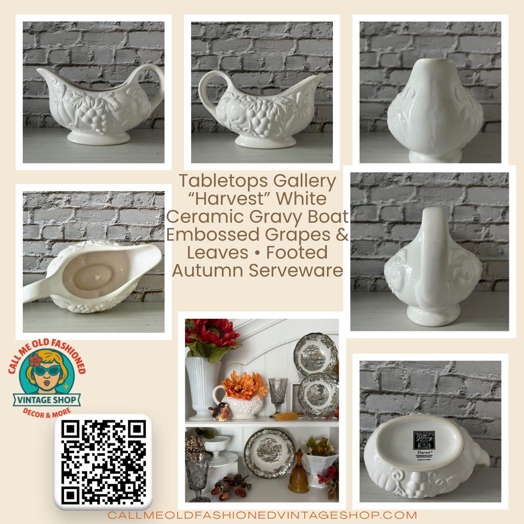 Tabletops Gallery “Harvest” White Ceramic Gravy Boat
Embossed Grapes & Leaves • Footed Autumn Serveware