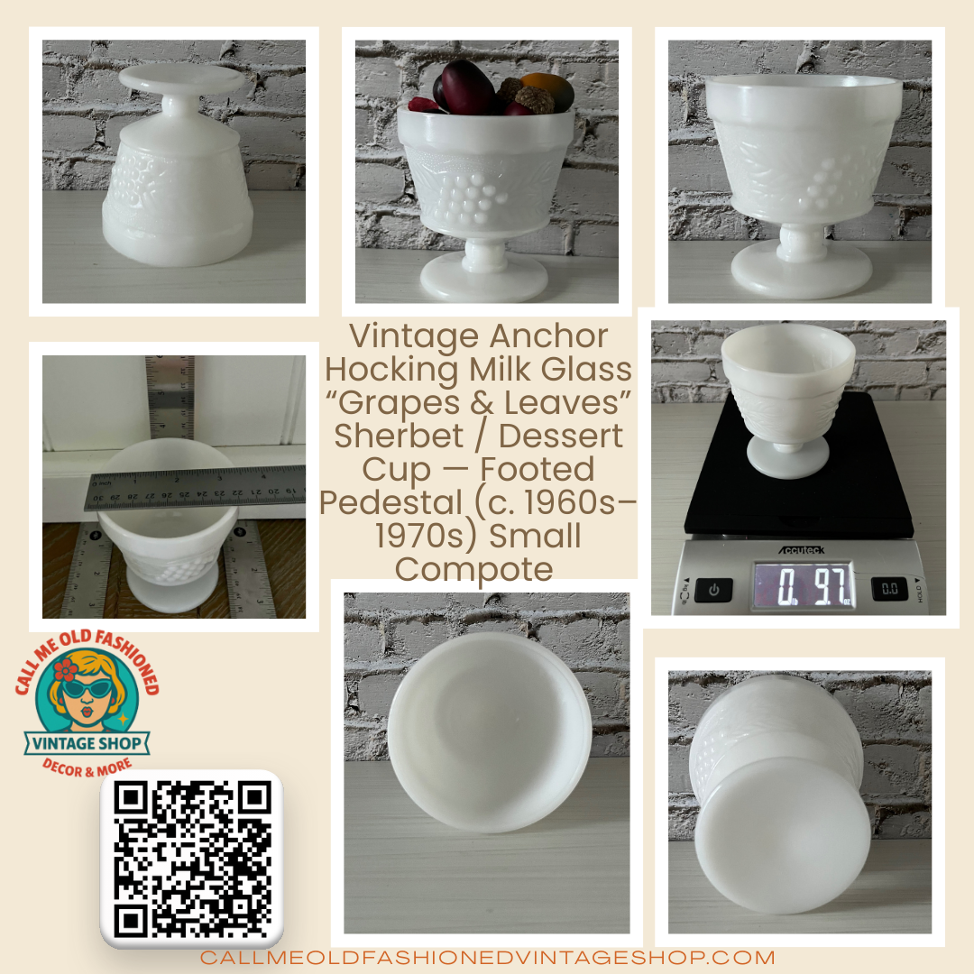 Vintage Anchor Hocking Milk Glass “Grapes & Leaves” Sherbet / Dessert Cup — Footed Pedestal (c. 1960s–1970s) Small Compote
