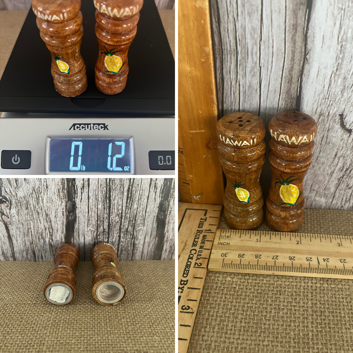 Aloha Tiki Islands Vintage Kitschy Souvenir Honey Wooden Salt & Pepper Shakers with Pineapple Design
