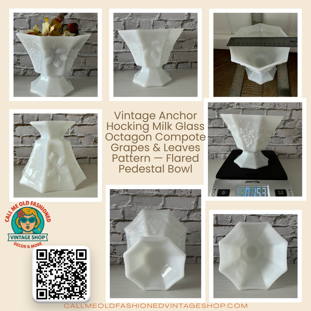 Vintage Anchor Hocking Milk Glass Octagon Compote
Grapes & Leaves Pattern — Flared Pedestal Bowl (c1960s-70’s)