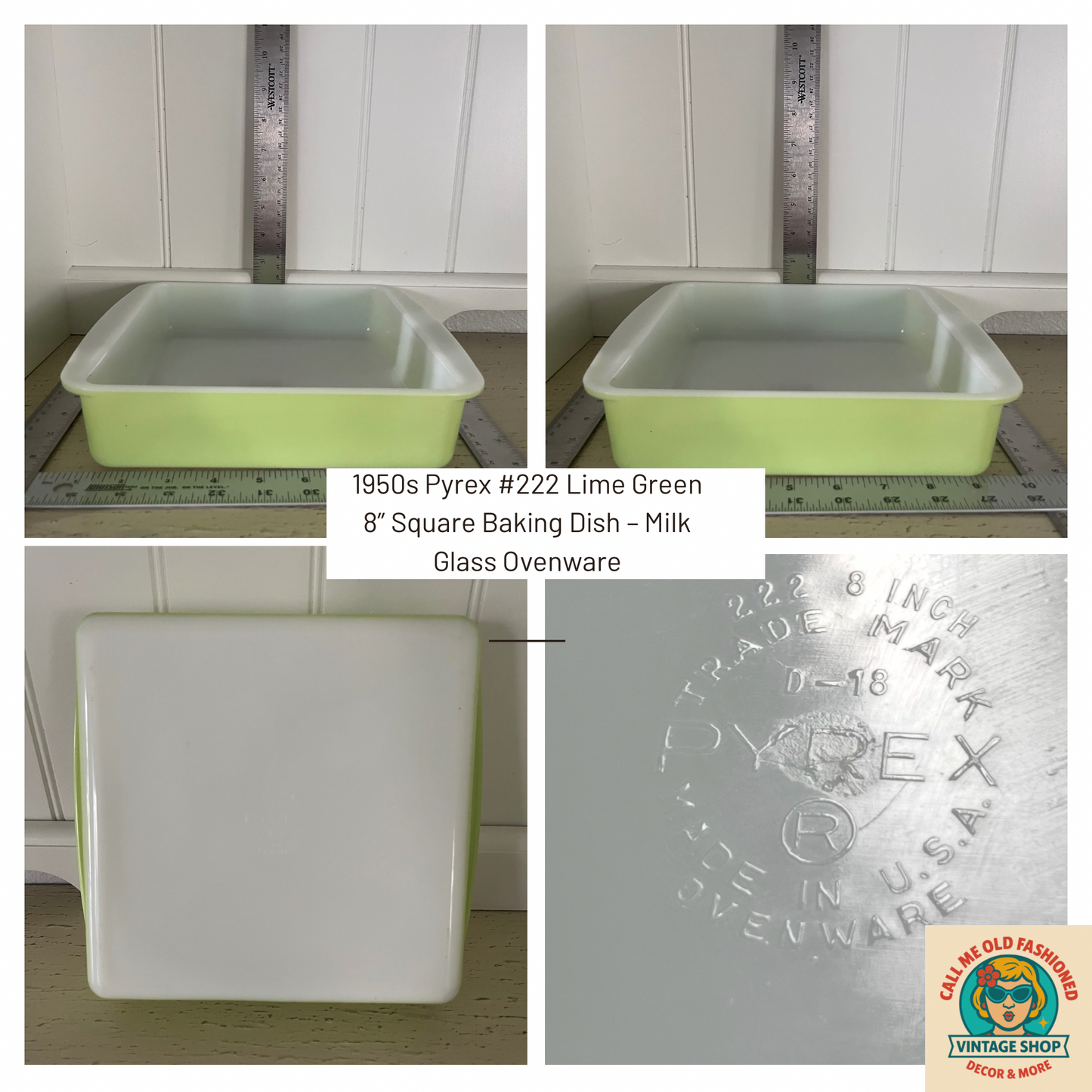 1950s Pyrex #222 Lime Green 8” Square Baking Dish – Milk Glass Ovenware
