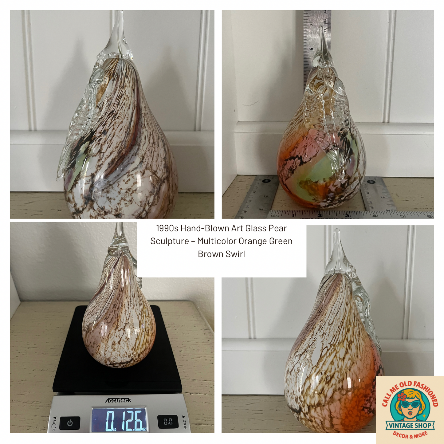 1990s Hand-Blown Art Glass Pear Sculpture – Multicolor Orange Green Brown Swirl