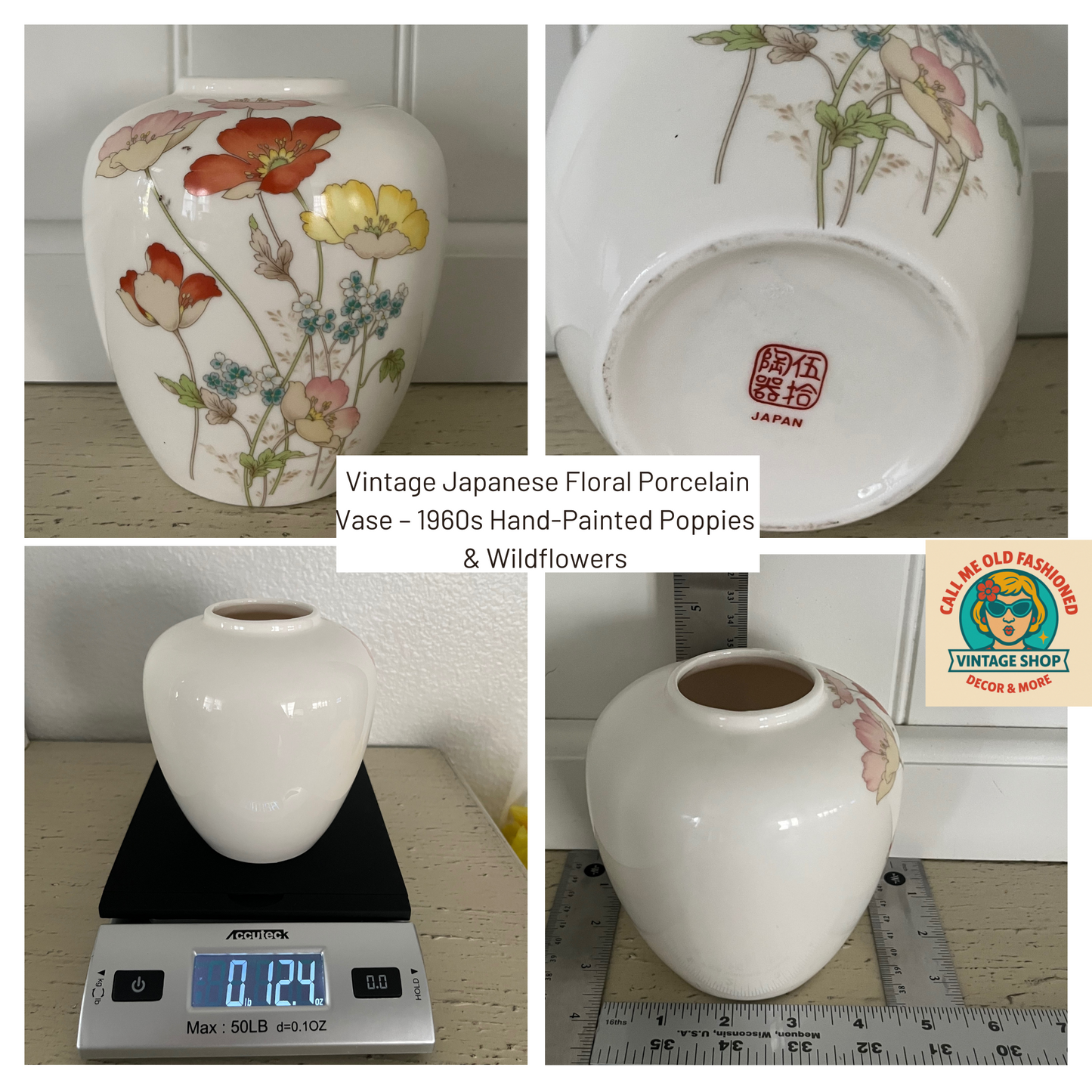 Mid-Century Japanese Floral Porcelain Vase – c. 1950s–70s Hand-Painted Poppies