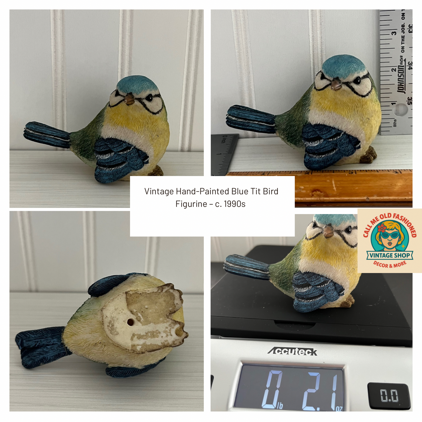 Vintage Hand-Painted Blue Tit Bird Resin Figurine – c. 1990s