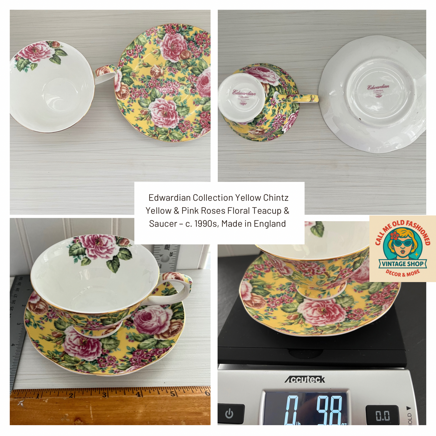 Edwardian Collection Yellow Chintz Yellow & Pink Roses Floral Teacup & Saucer – c. 1990s, Made in England