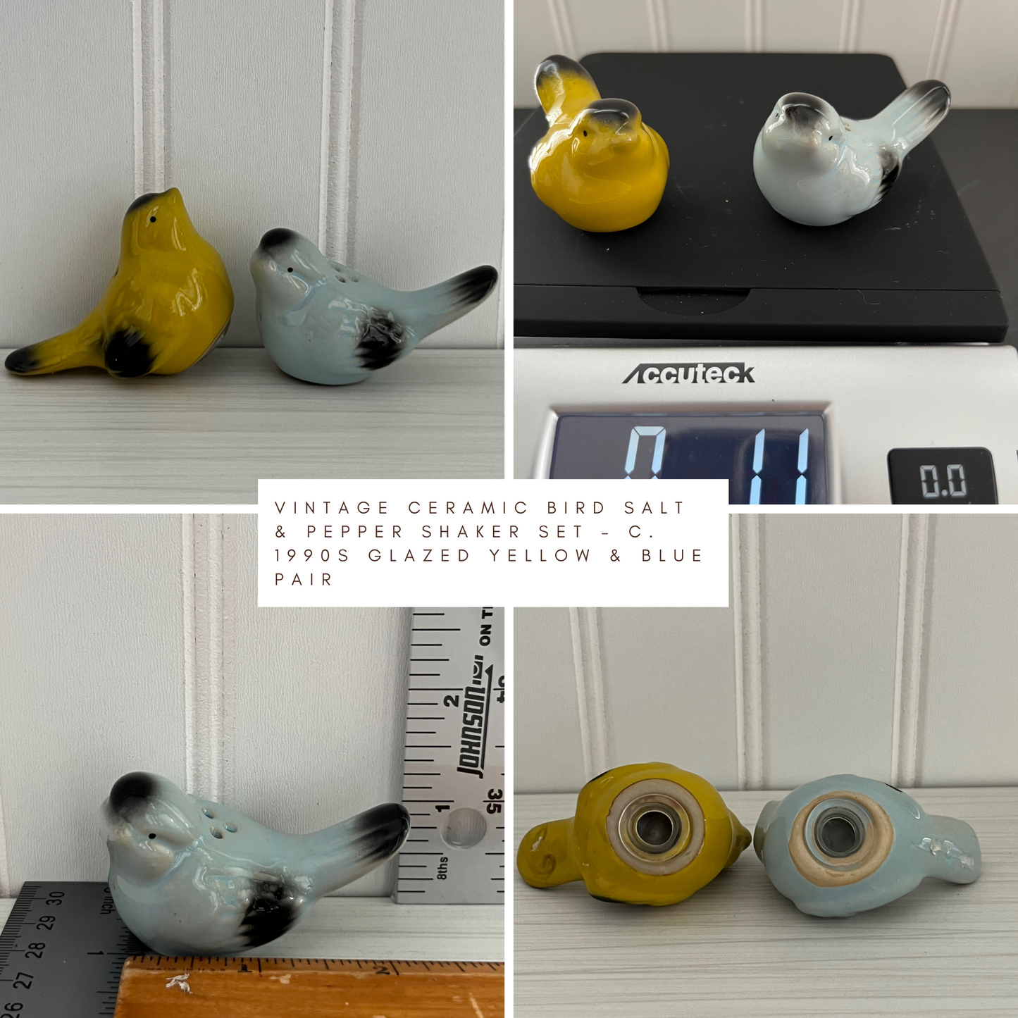 Vintage Ceramic Bird Salt & Pepper Shaker Set – c. 1990s Glazed Yellow & Blue Pair