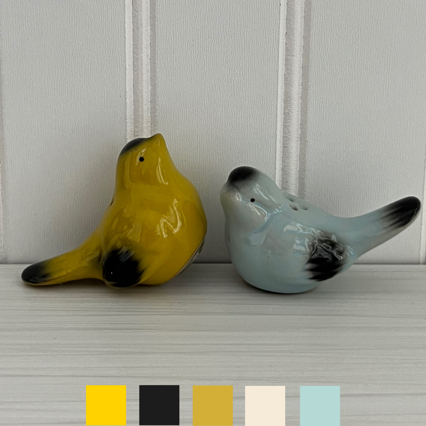 Vintage Ceramic Bird Salt & Pepper Shaker Set – c. 1990s Glazed Yellow & Blue Pair