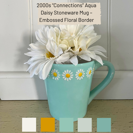 2000s “Connections” Aqua Daisy Stoneware Mug – Embossed Floral Border