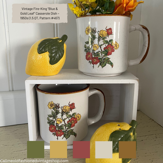 Set of 2 Vintage Takahashi Stoneware Mugs – Poppy & Buttercup Botanical Wildflower Floral – 1970s Japan
