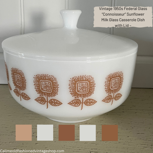 Vintage 1950s Federal Glass “Connoisseur” Sunflower Milk Glass Casserole Dish with Lid – Mid-Century Modern Charm