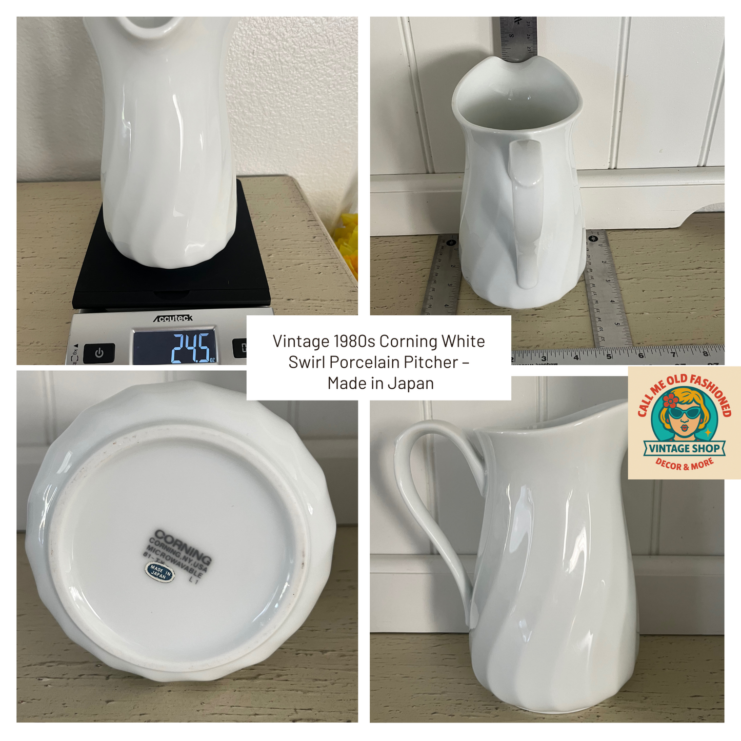 Vintage 1980s Corning White Swirl Porcelain Jug Pitcher –