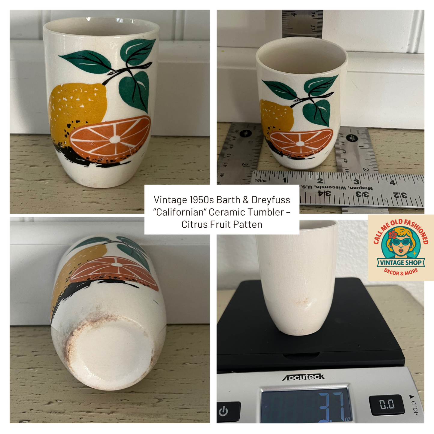 Vintage 1950s Barth & Dreyfuss “Californian” Ceramic Tumbler – Citrus Fruit Pattern