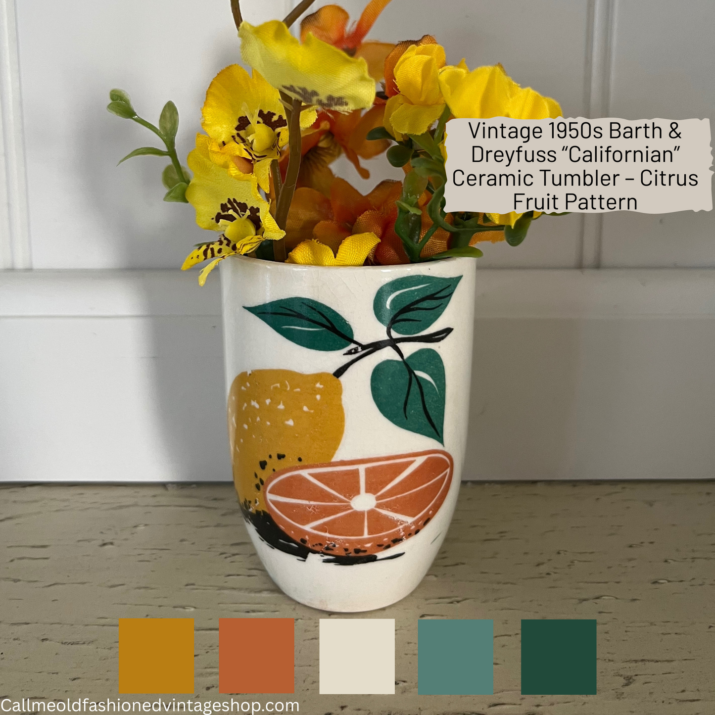 Vintage 1950s Barth & Dreyfuss “Californian” Ceramic Tumbler – Citrus Fruit Pattern