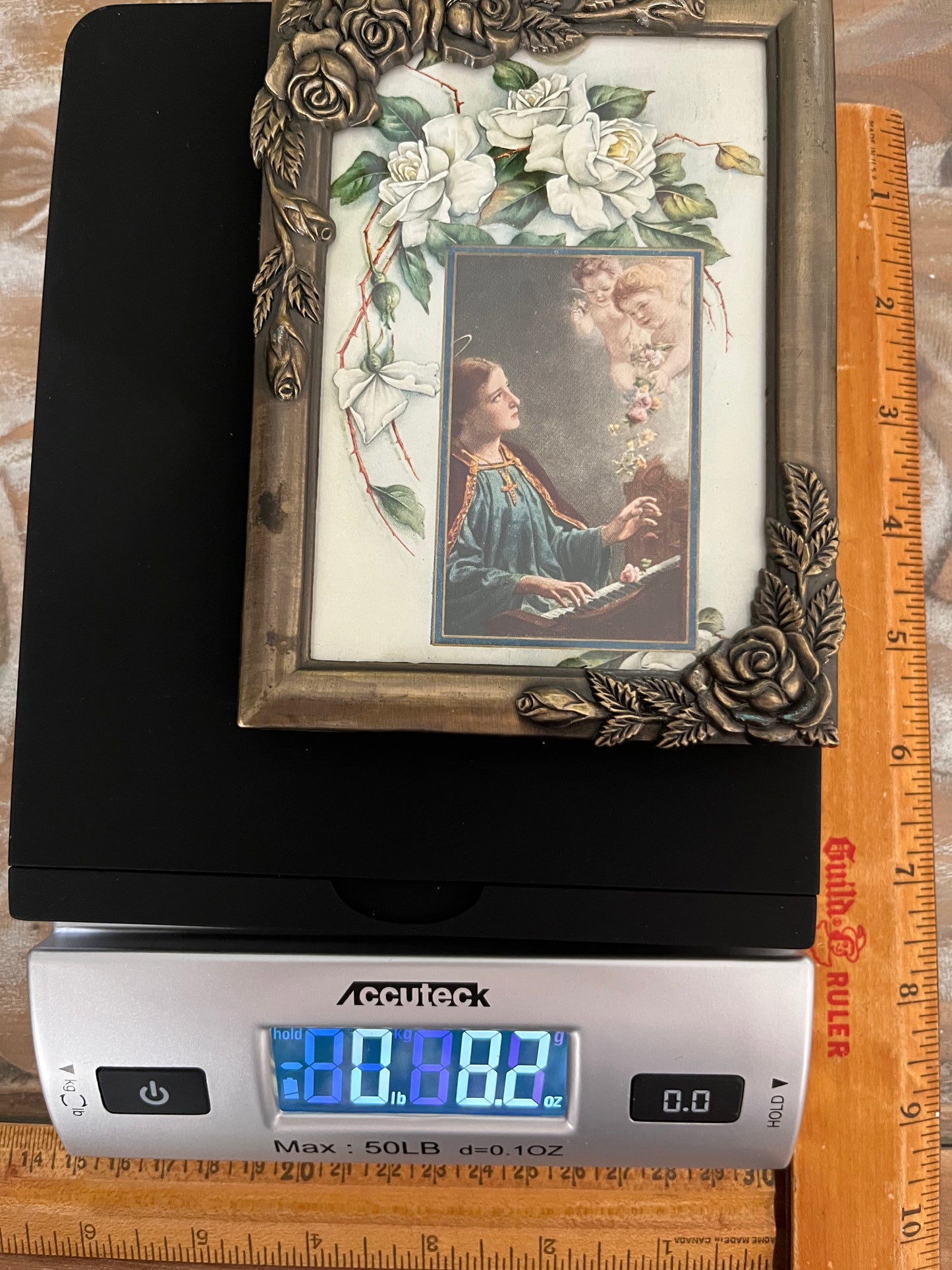 Vintage 1915 Easter Embossed Post Card: Lady with Two Cherubs giving her flowers, in Metal Flower Sculptured frame,