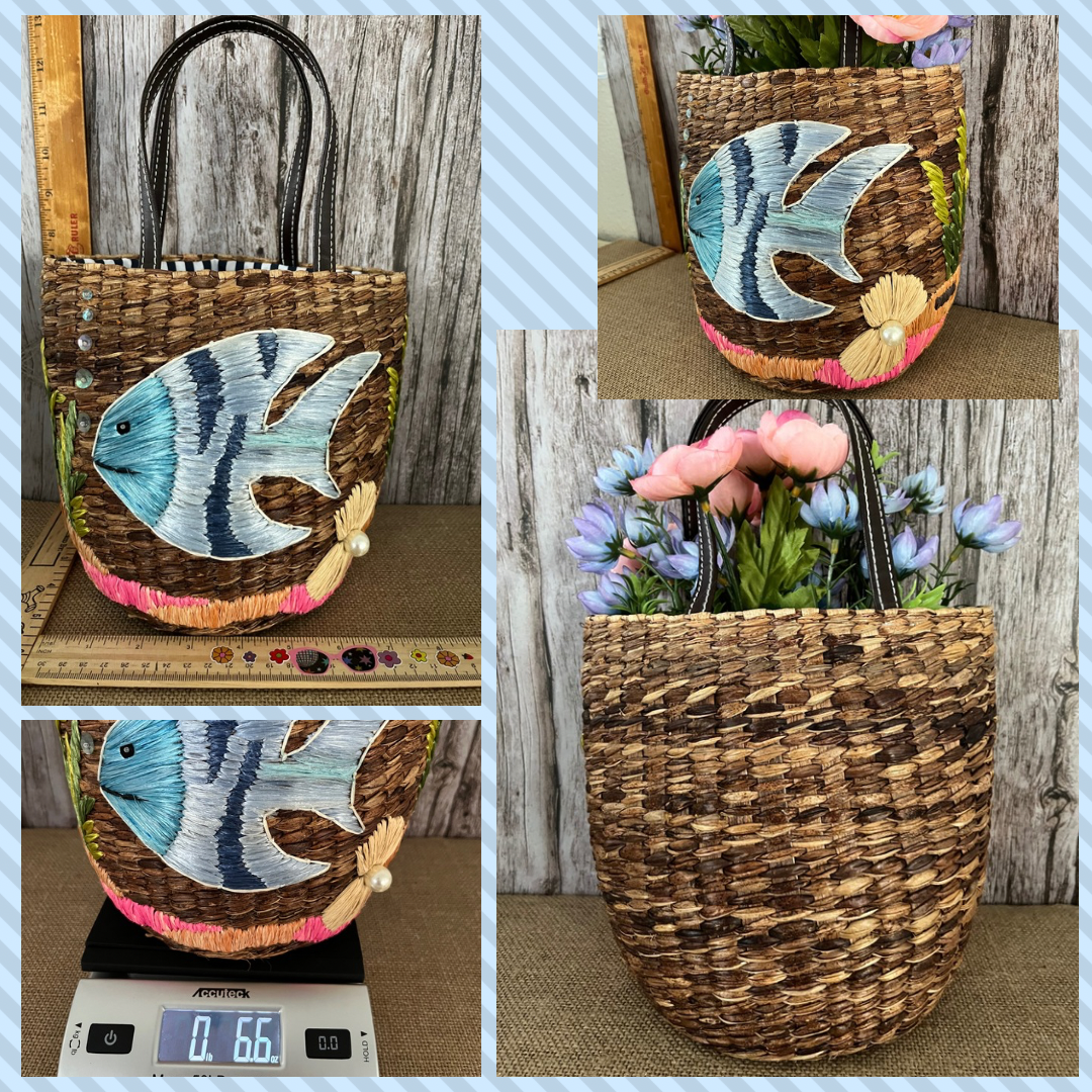 Vintage Woven Straw Purse Tote - Tropical Fish Design by Preston & York - Aloha Tiki Islands Fusion Theme