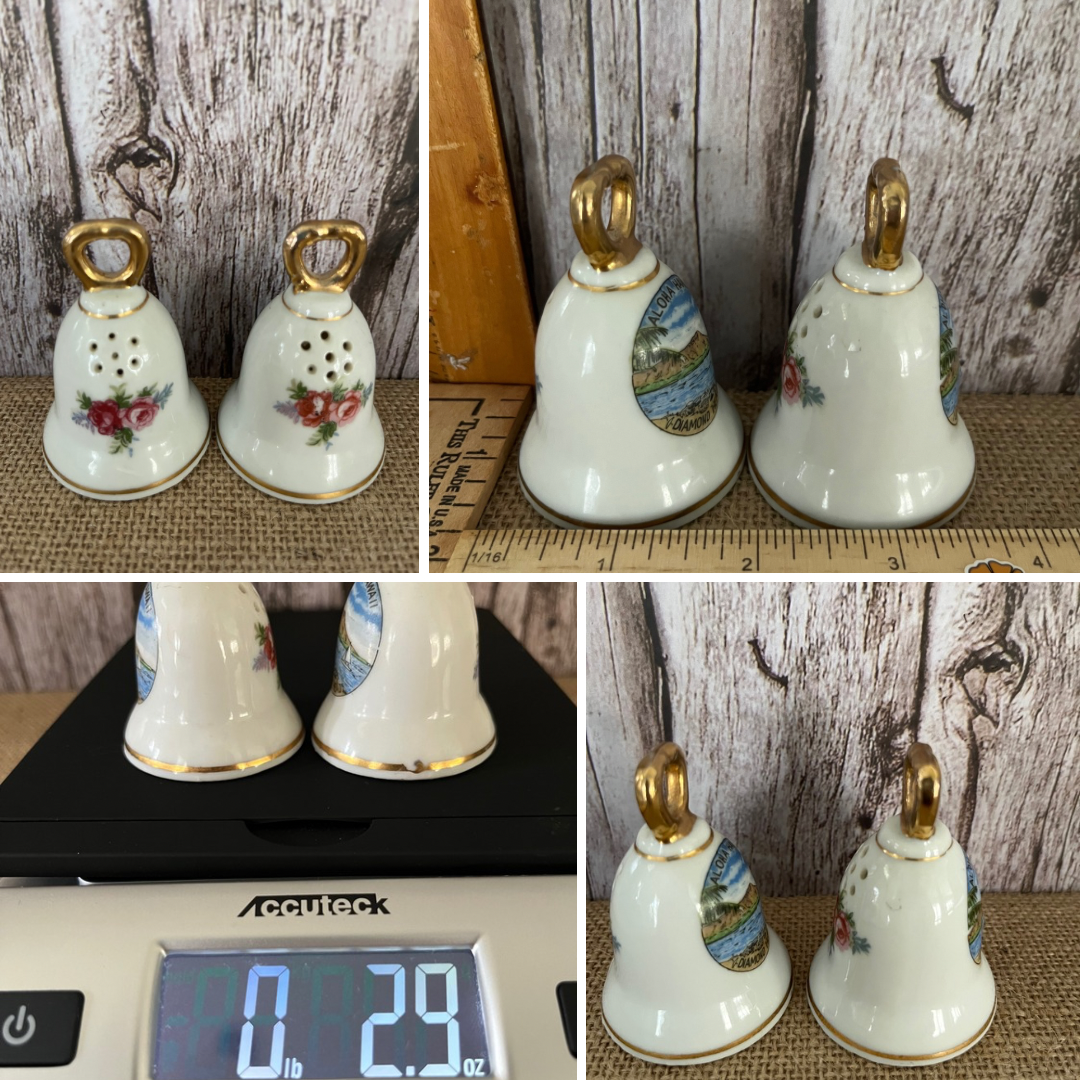Vintage Aloha Hawaii Diamond Head & Floral Bell-Shaped Salt & Pepper Shakers, Tiki Islands Fusion, 1950s Porcelain, Gold Accents