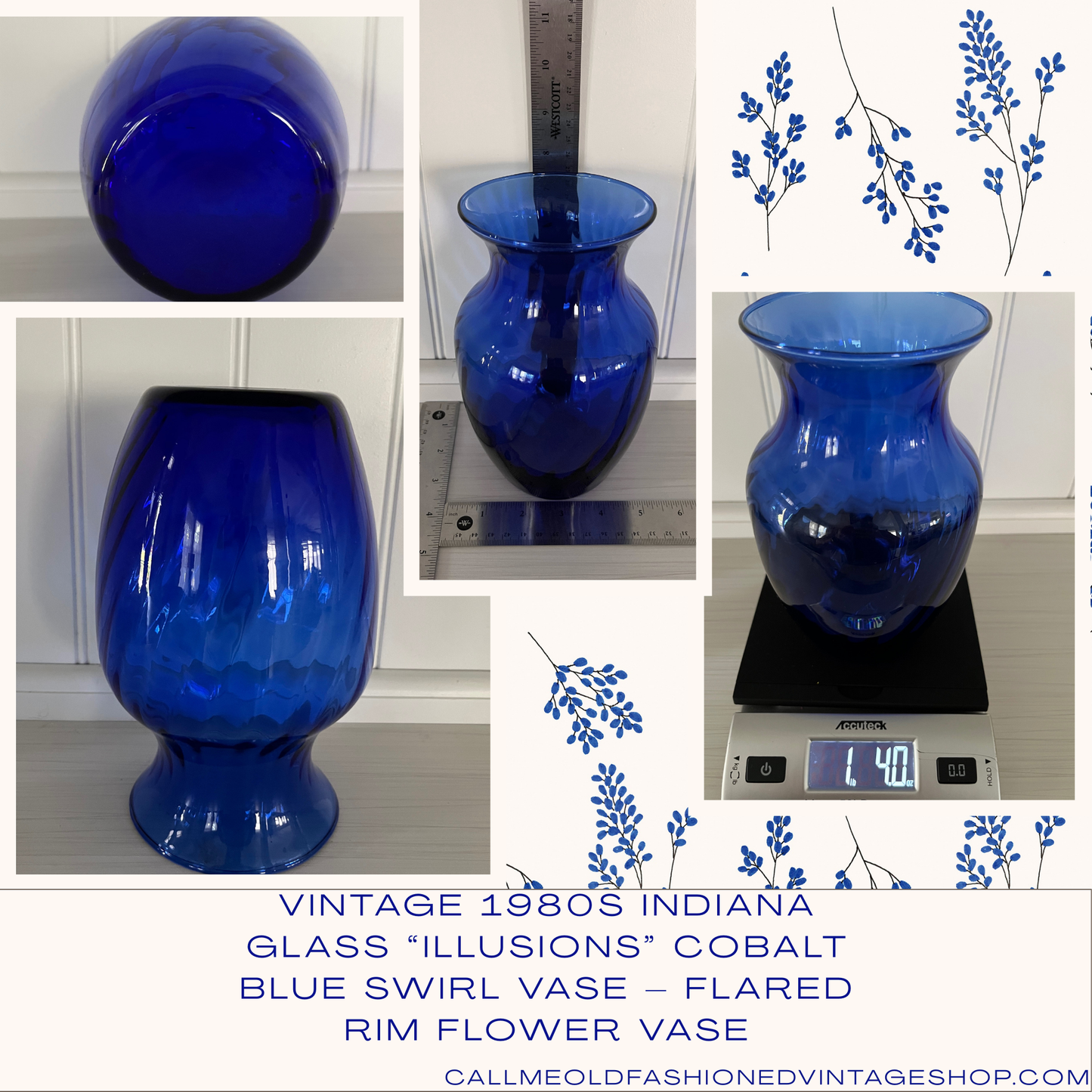 Vintage 1980s Indiana Glass “Illusions” Cobalt Blue Swirl Vase – Flared Rim Flower Vase