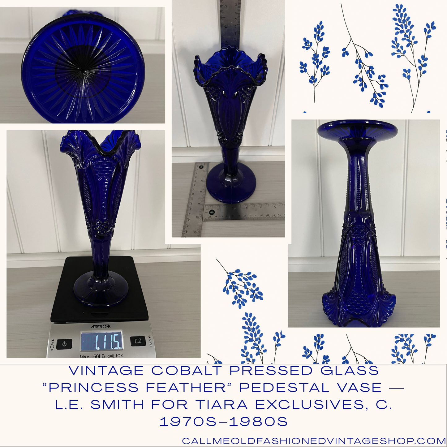 Vintage Cobalt Pressed Glass “Princess Feather” Pedestal Vase — L.E. Smith for Tiara Exclusives, c. 1970s–1980s