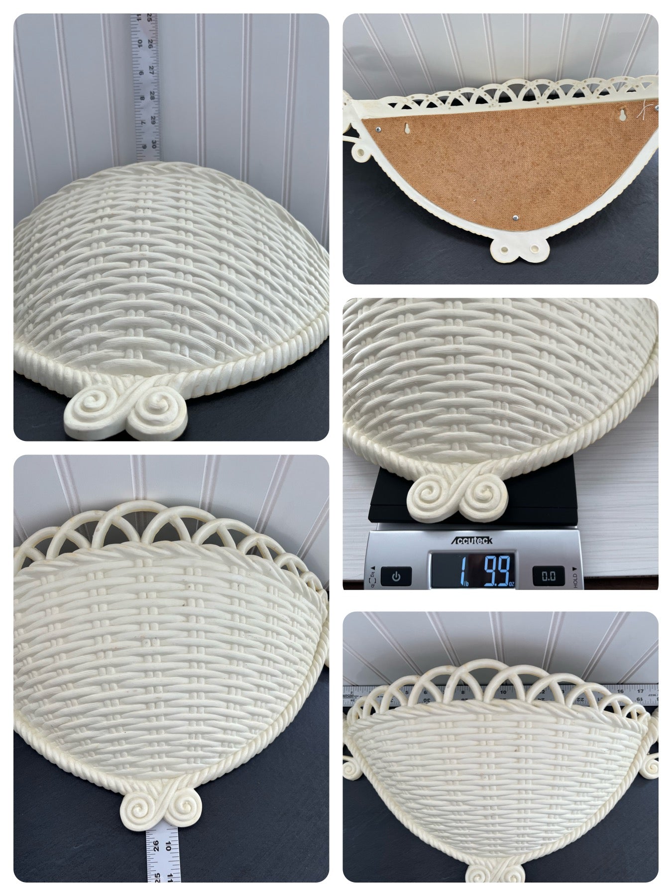 Vintage Burwood Natural White Molded Plastic Wicker Basket Wall Pocket Hanger Planter - 1970’s