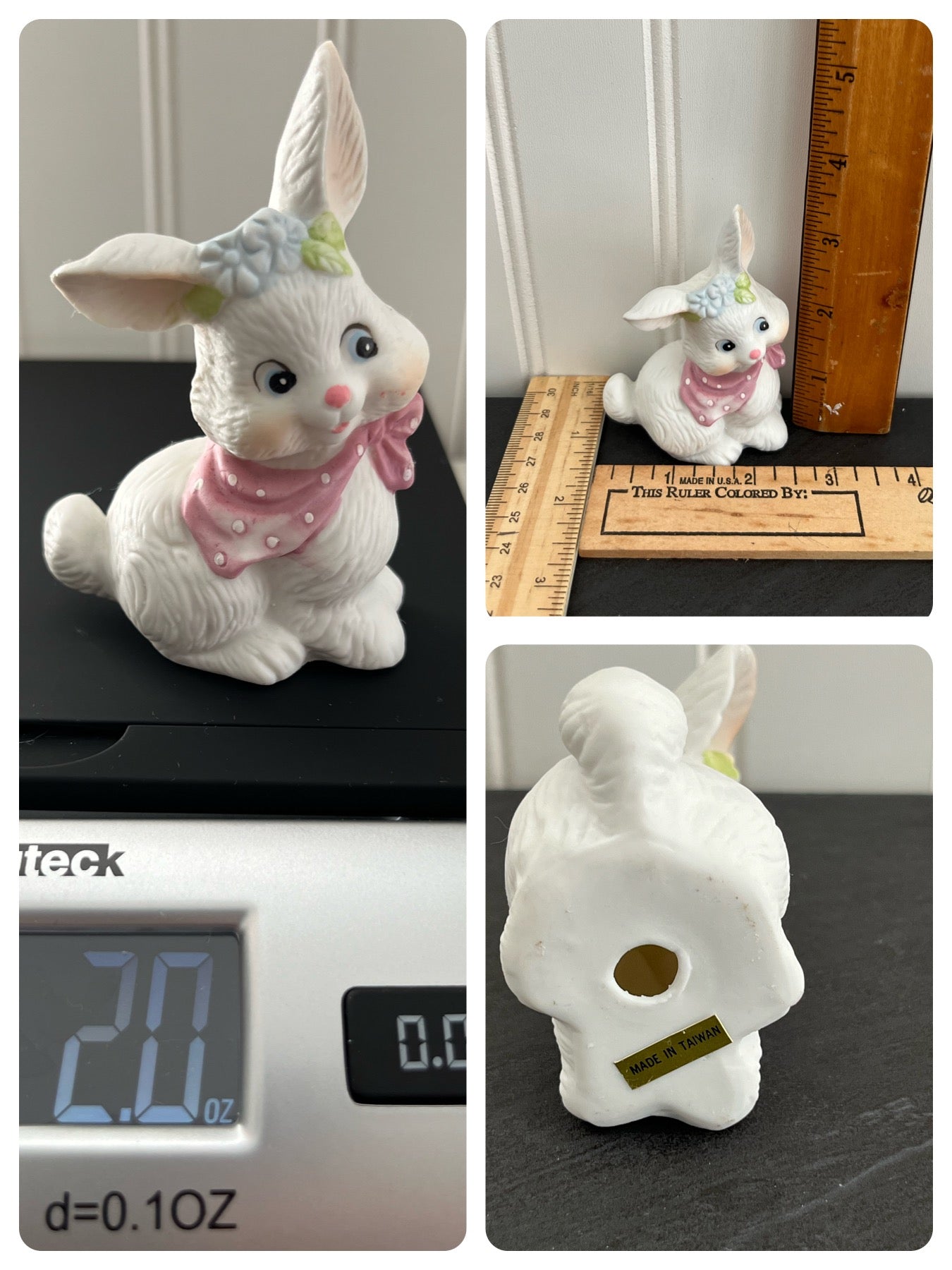 Vintage Small Ceramic White Bunny Rabbit Figurine with Pink Bandanna Scarf and Blue Pastel Flowers