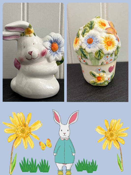 Ceramic Cute Flower Pot & Bunny with Flower Salt & Pepper Shaker Set