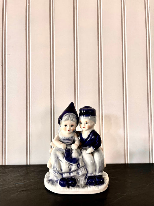 Vintage Delft Blue and White Dutch Girl and Boy on Bench Figurine - Hand-Painted - 5" Wide - Collectible Decor