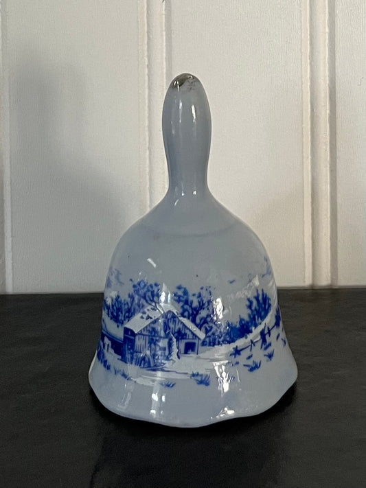 Small Vintage Currier & Ives Blue and White Winter Scene Porcelain Bell - 3" Height - Collectible Decor