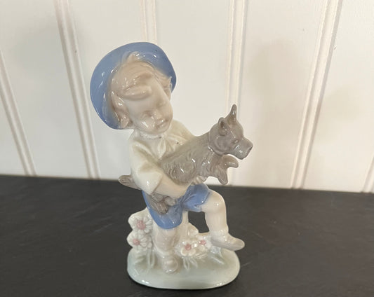 Vintage Porcelain Boy with Scottish Terrier Dog Figurine - Lego Japan - 5" Height - Collectible Decor