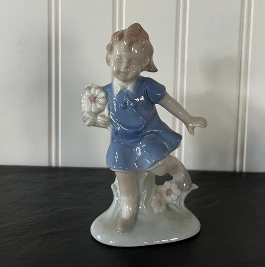 Vintage Porcelain Girl Holding Daisies Figurine - Lego Japan - 5" Height -