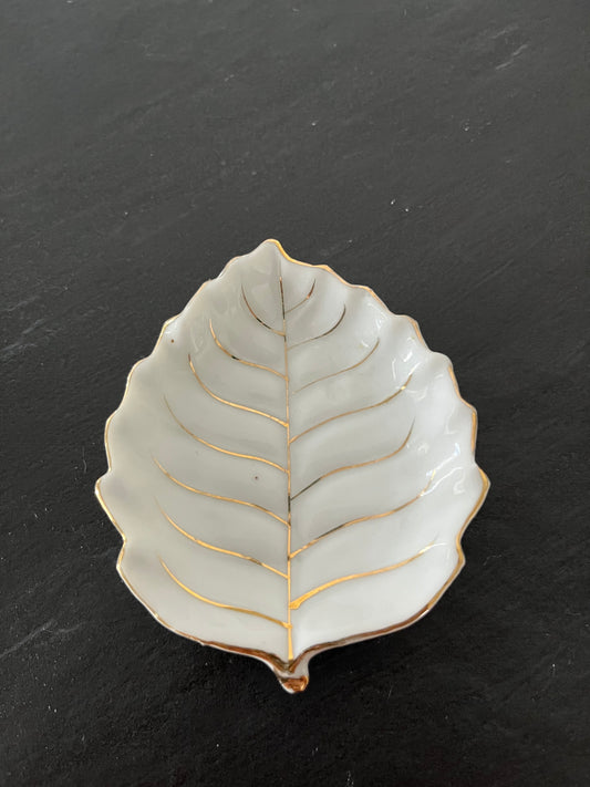 Vintage Mid Century Porcelain Mini Trinket Dish - Gold Leaf-Edged Leaf Design - Made in Occupied Japan - 3" Wide"