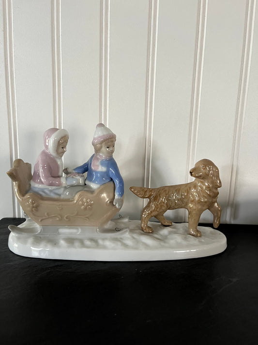 Vintage Porcelain Girl and Boy with Dog on Sleigh Ride Winter Scene Figurine - Meico Inc - 8.5" Width - Collectible Decor
