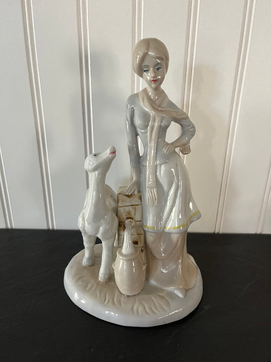 Vintage Fred Roberts Leandro Style Porcelain Figurine - Lady with Deer (Broken Ear) - 8" High