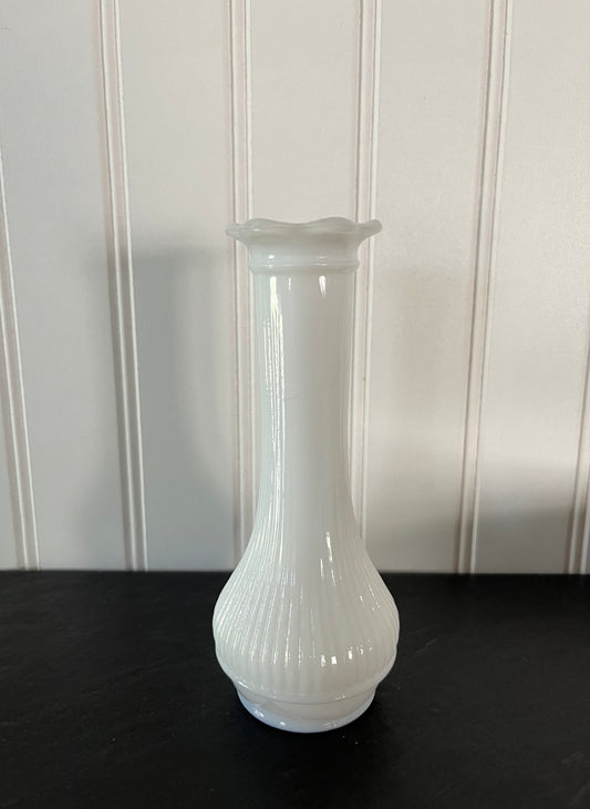 Vintage Loeffler Randall White Milk Glass Bud Vase - Scalloped Flower Petal Lip - 6" High
