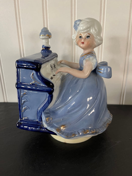 Vintage Blue and White Shiny Glossy Porcelain Regency Style Music Box Figurine - Girl Playing Piano with La Cumparsita Tango Tune