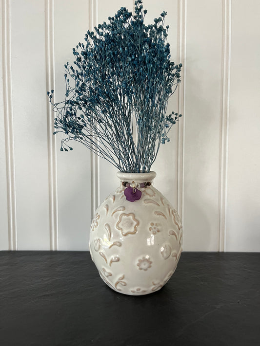 Vintage Inspired Small Flower Embossed Pottery Whitewash Bud Vase - 3" x 4" (5.5 oz) - Versatile Home Decor Accent