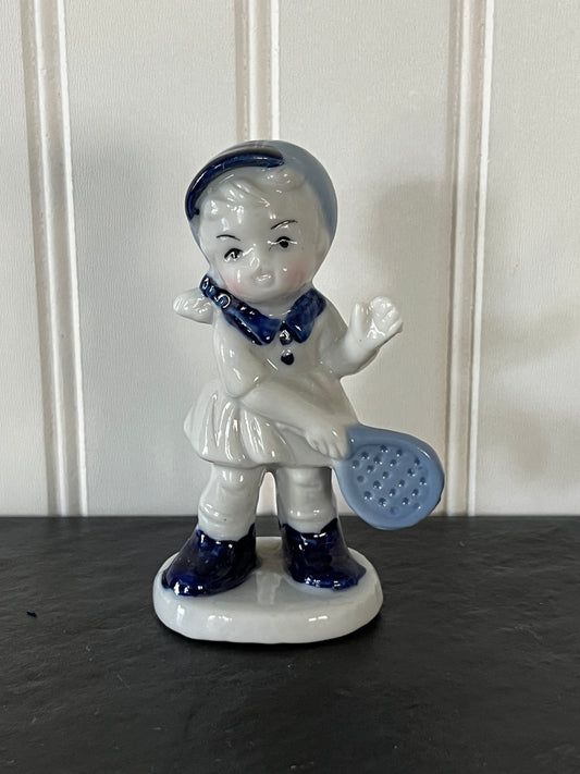 Vintage Blue and White Porcelain Little Girl Playing Tennis Figurine - Charming Collectible from Lego Japan