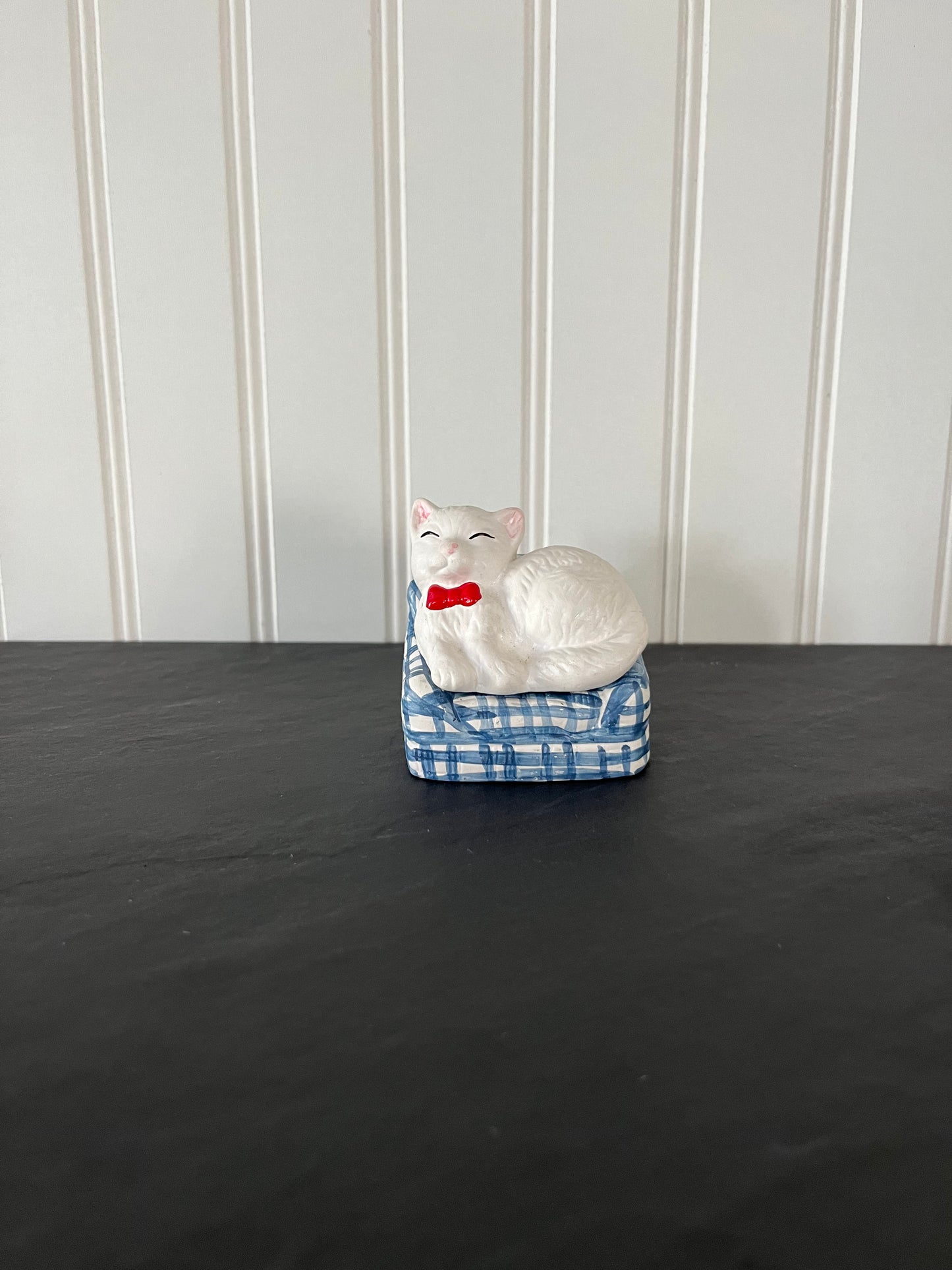 Vintage White Cat on Blue Gingham Chair Salt and Pepper Shakers - Charming Collectibles
