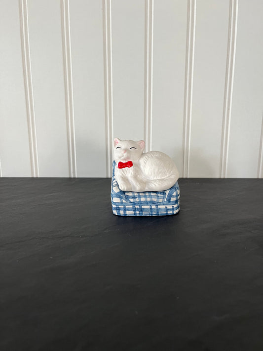 Vintage White Cat on Blue Gingham Chair Salt and Pepper Shakers - Charming Collectibles